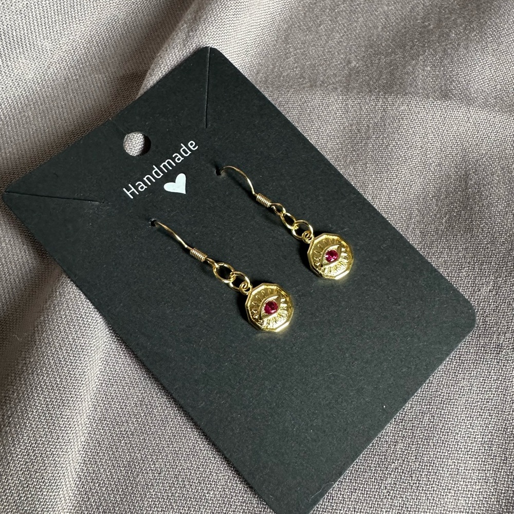 Handmade Gold and Pink Evil Eye Dangle Earrings